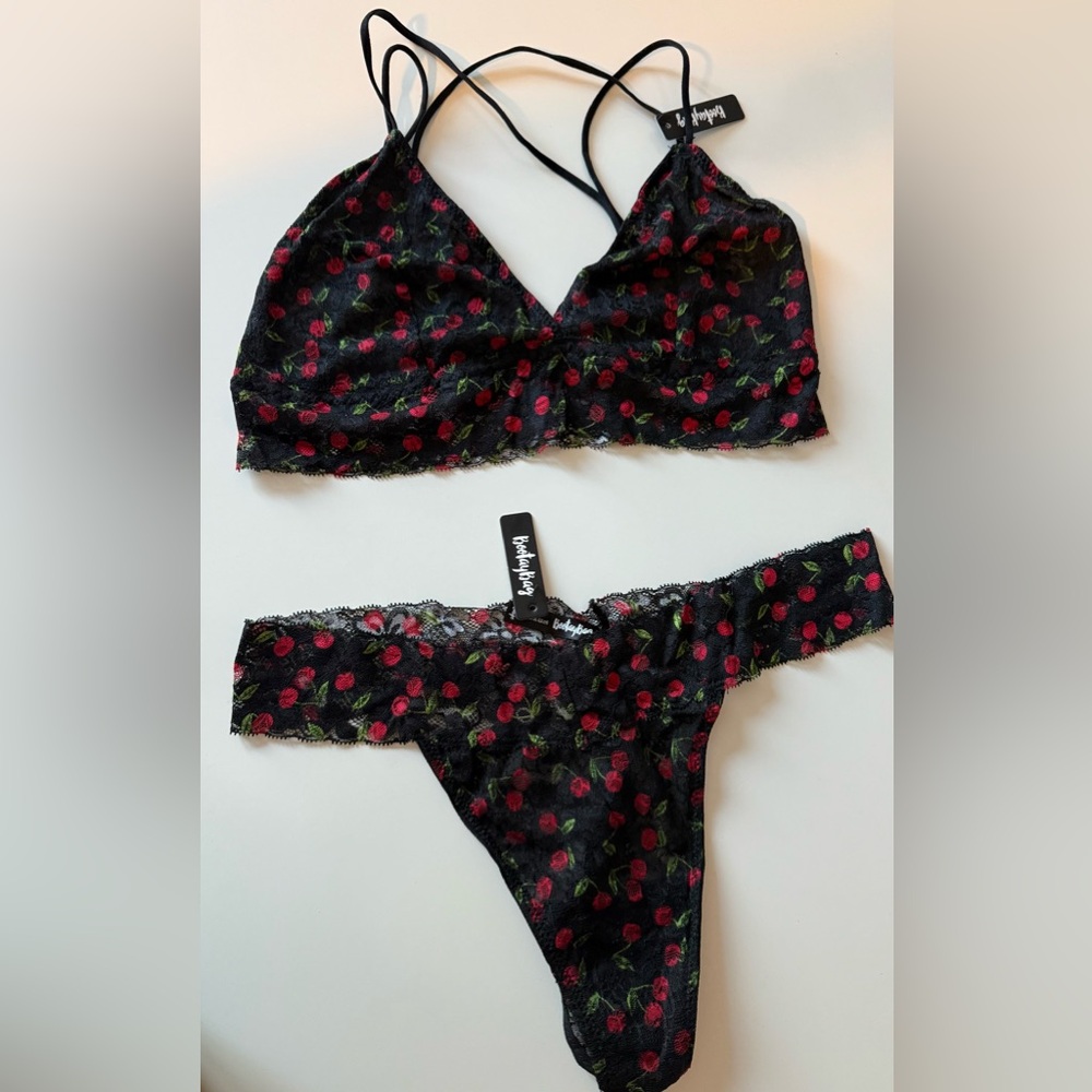 NEW w/Tags BootayBag Black and Red cherries Lingerie Set Size XL